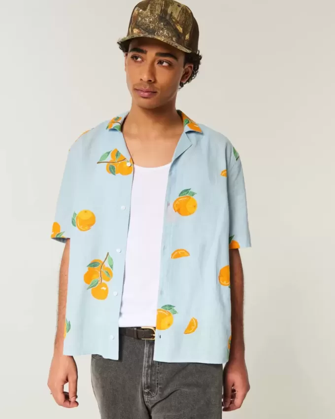 Boxy Linen-Blend Orange Pattern Shirt