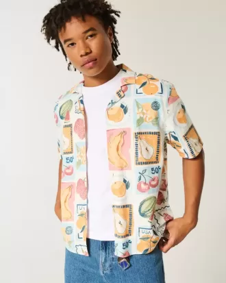 Boxy Linen-Blend Stamp Pattern Shirt