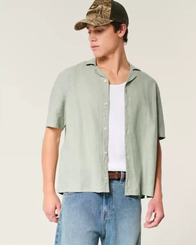 Boxy Short-Sleeve Linen-Blend Shirt