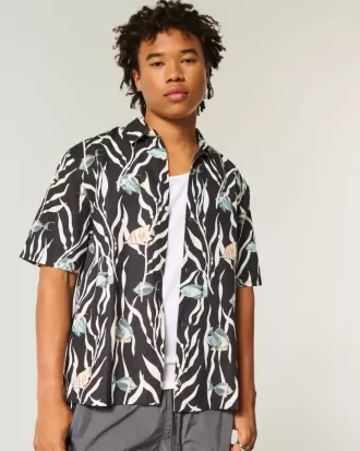 Boxy Tropical Fish Pattern Linen-Blend Shirt