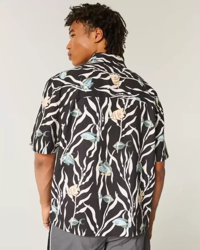Boxy Tropical Fish Pattern Linen-Blend Shirt