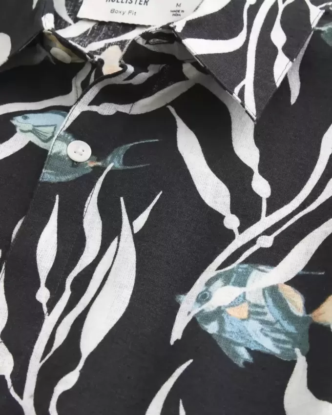 Boxy Tropical Fish Pattern Linen-Blend Shirt