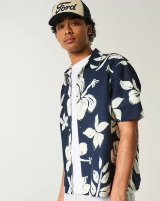 Boxy Tropical Pattern Linen-Blend Shirt