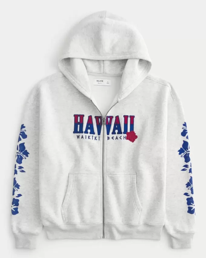 Boxy Zip-Up Hawaii Graphic Sweatshirt