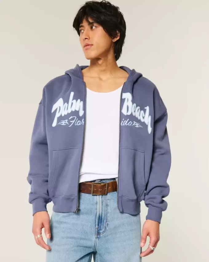 Boxy Zip-Up Palm Beach Graphic Sweatshirt