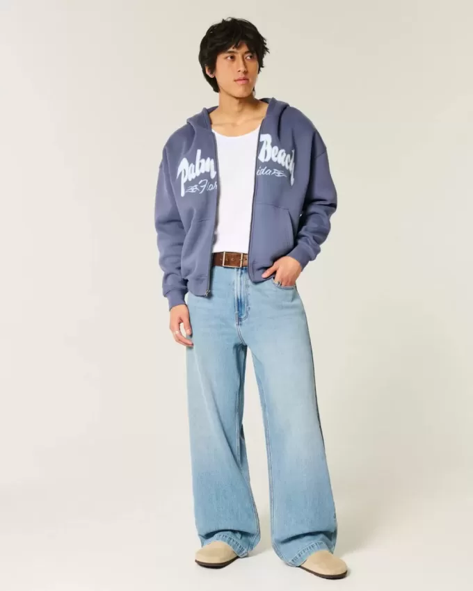 Boxy Zip-Up Palm Beach Graphic Sweatshirt