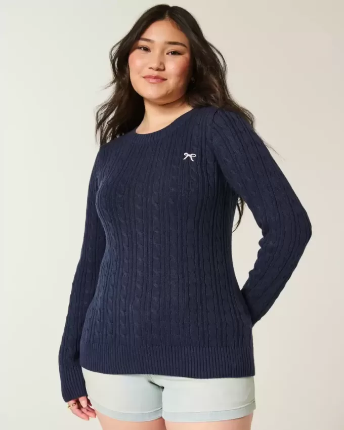 Cable-Knit Bow Crew Sweater