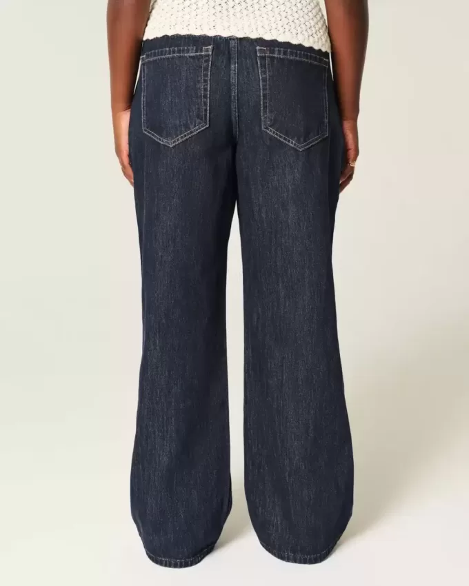 Curvy Low-Rise Dark Wash Foldover Waist Baggy Jeans