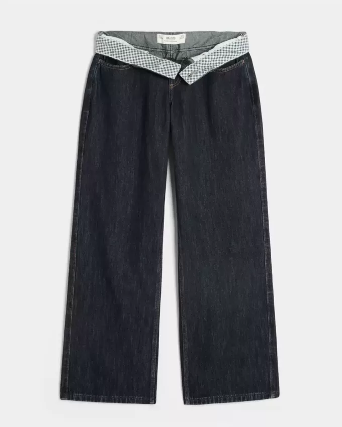 Curvy Low-Rise Dark Wash Foldover Waist Baggy Jeans