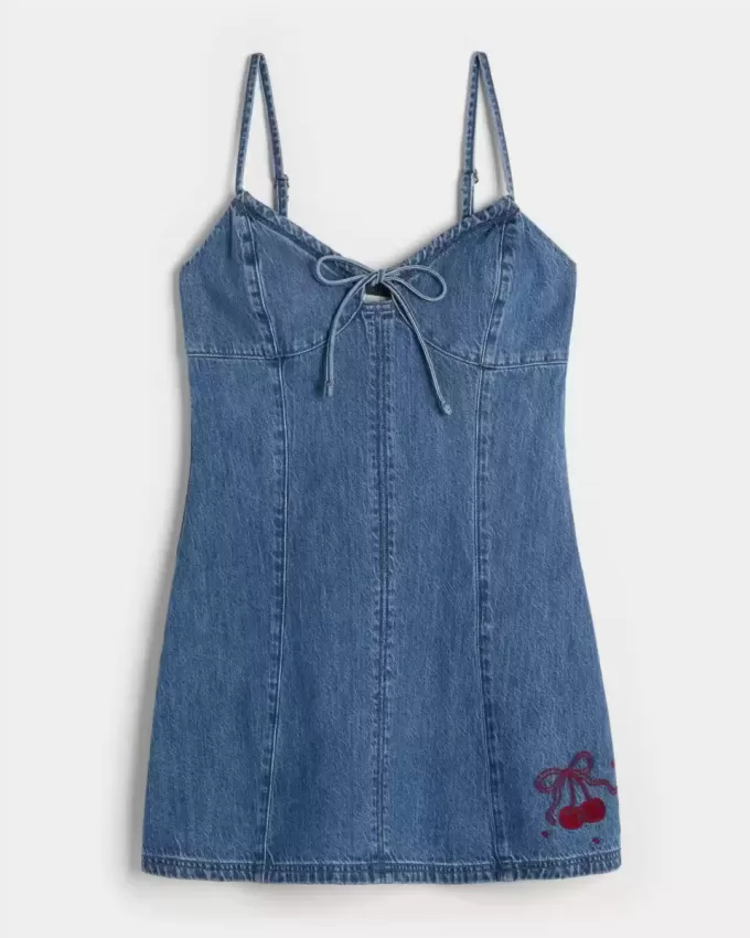 Denim Cherry Graphic Mini Dress