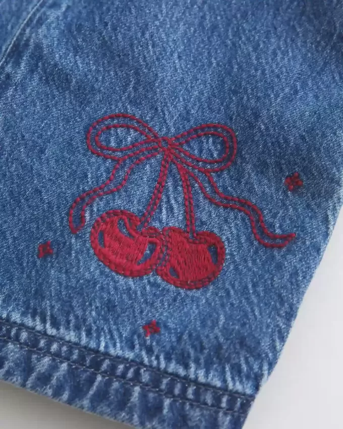 Denim Cherry Graphic Mini Dress