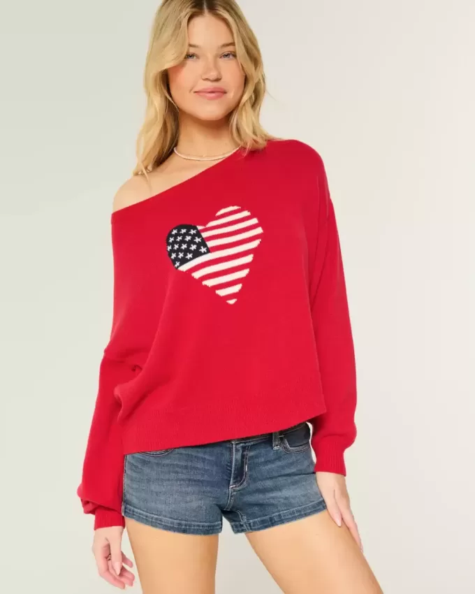 Easy Off-the-Shoulder Heart Flag Graphic Sweater Easy Off-the-Shoulder Heart Flag Graphic Sweater