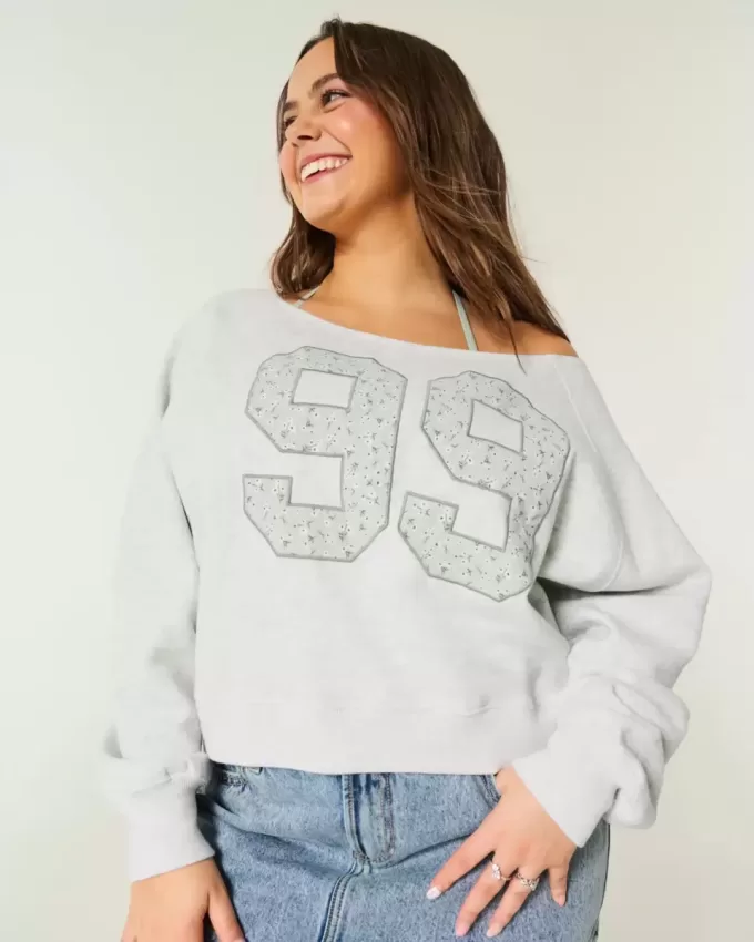 Easy Off-the-Shoulder Number Graphic Crew Sweatshirt Easy Off-the-Shoulder Number Graphic Crew Sweatshirt