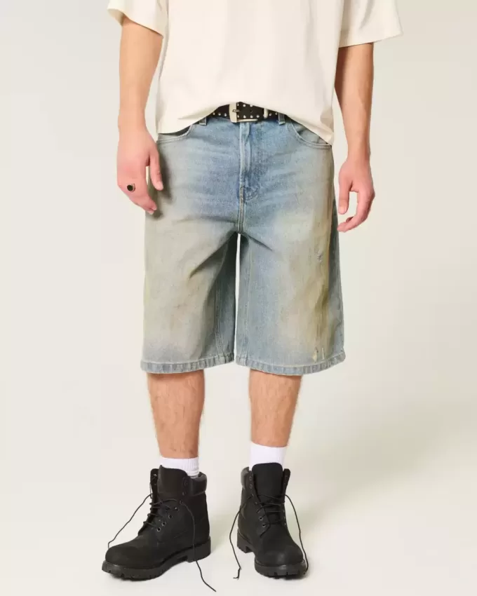 Greased Medium Wash Super Baggy Denim Shorts