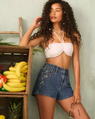 High-Rise Medium Wash Floral Embroidered A-Line Denim Shorts