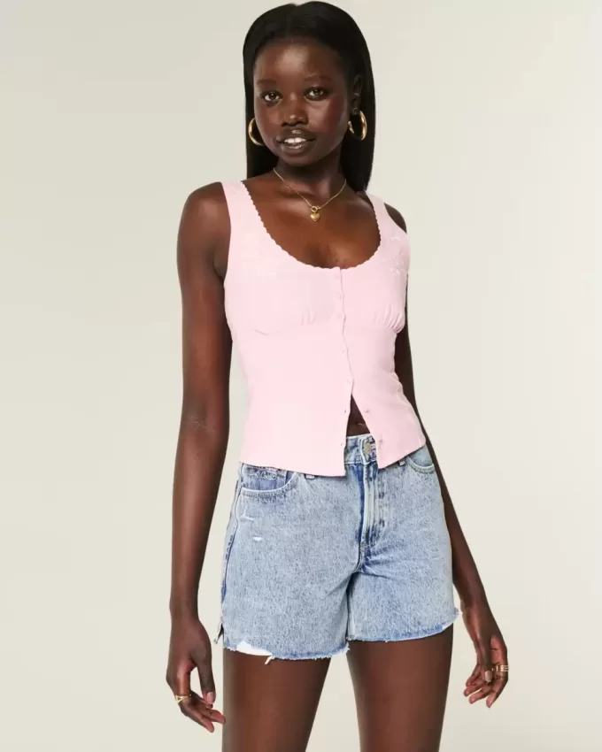 High-Rise Medium Wash Shell Embroidered Baggy Denim Shorts 5″ High-Rise Medium Wash Shell Embroidered Baggy Denim Shorts 5″