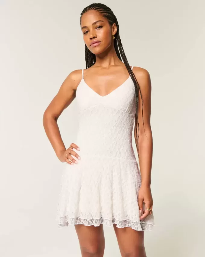 Lace Asymmetrical Hem Mini Dress