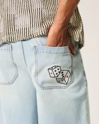 Light Wash Dice Graphic Super Baggy Denim Shorts