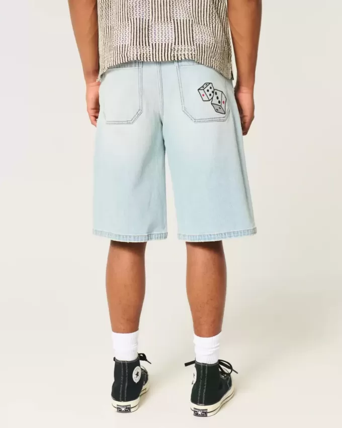 Light Wash Dice Graphic Super Baggy Denim Shorts