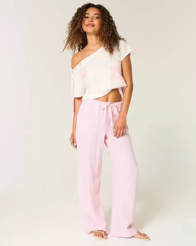 Linen-Blend Baggy Pull-On Pants
