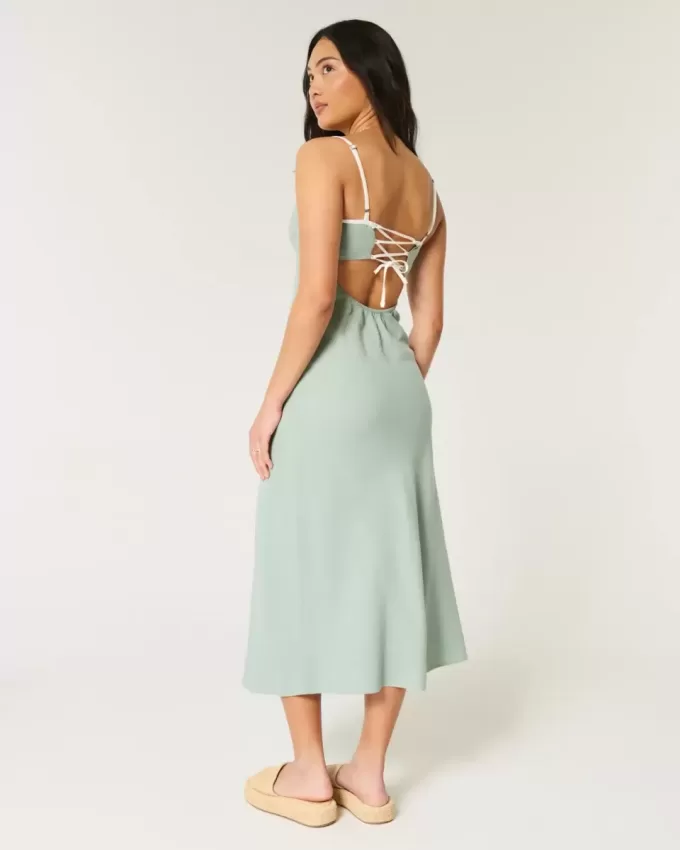Linen-Blend Open-Back Slip Midi Dress