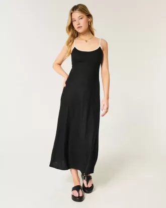 Linen-Blend Open-Back Slip Midi Dress