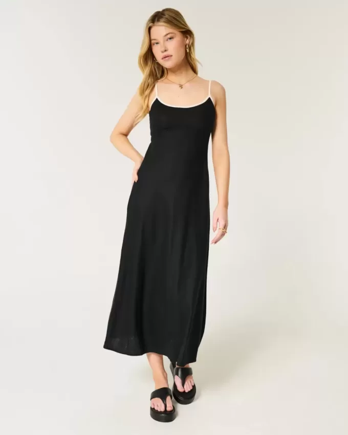 Linen-Blend Open-Back Slip Midi Dress