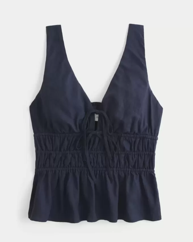 Linen-Blend Tie-Front Peplum Top