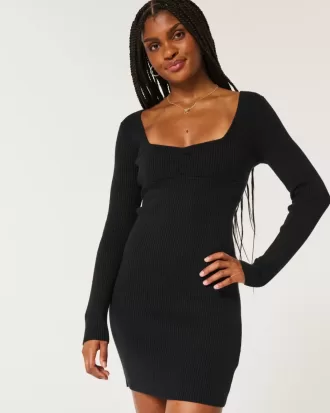 Long-Sleeve Cinch Bust Open-Back Sweater Dress