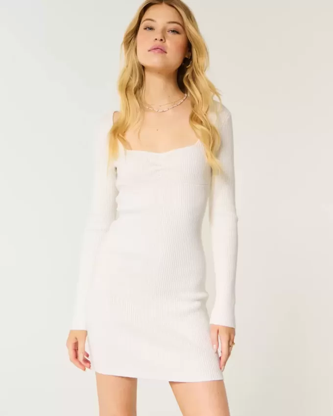 Long-Sleeve Cinch Bust Open-Back Sweater Dress