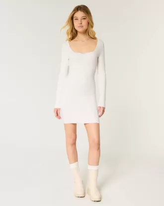 Long-Sleeve Cinch Bust Open-Back Sweater Dress