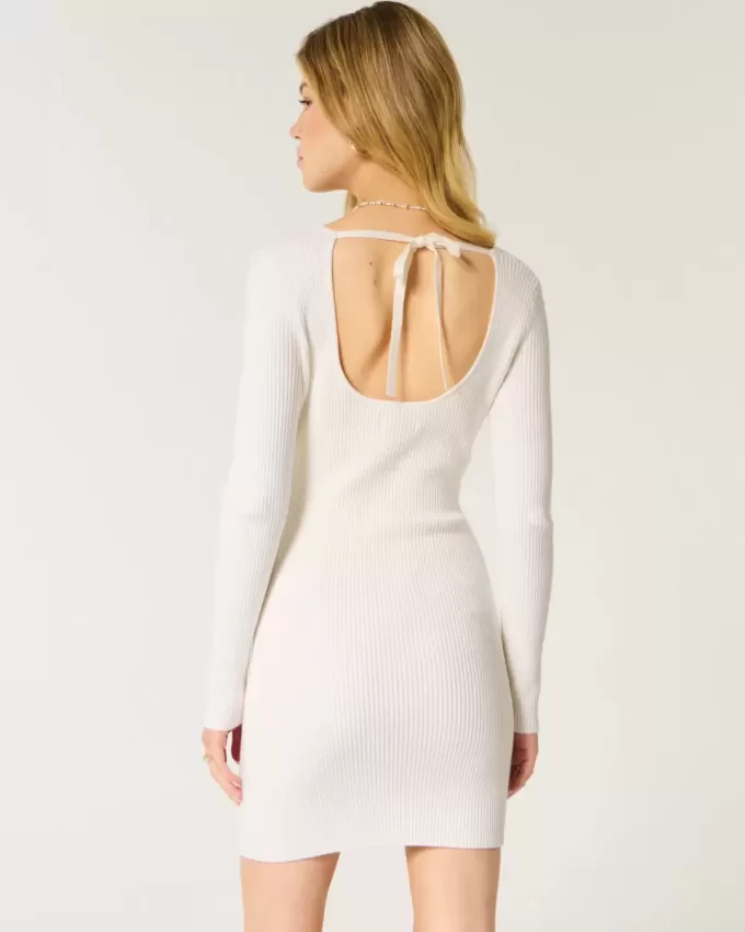 Long-Sleeve Cinch Bust Open-Back Sweater Dress