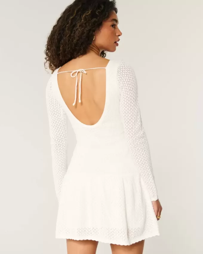Long-Sleeve Crochet-Style Mini Skater Dress