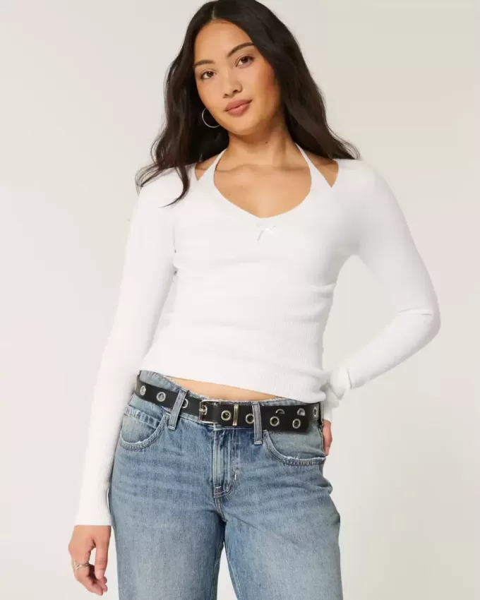 Long-Sleeve Halter Tie Sweater Long-Sleeve Halter Tie Sweater