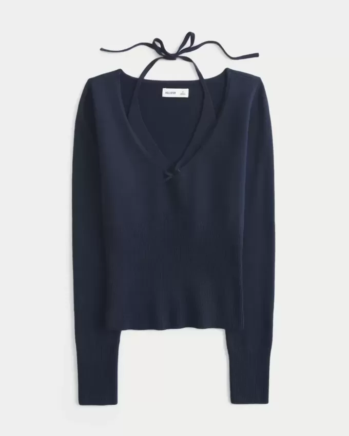 Long-Sleeve Halter Tie Sweater Long-Sleeve Halter Tie Sweater