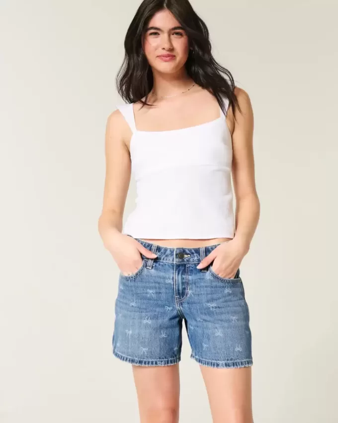 Low-Rise Bow Pattern Baggy Denim Shorts