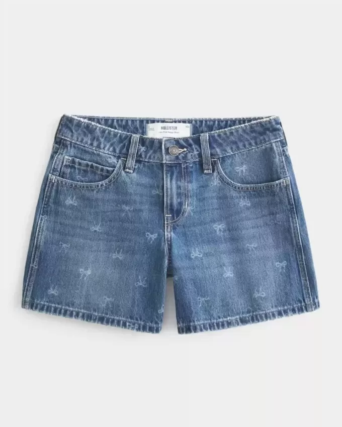 Low-Rise Bow Pattern Baggy Denim Shorts