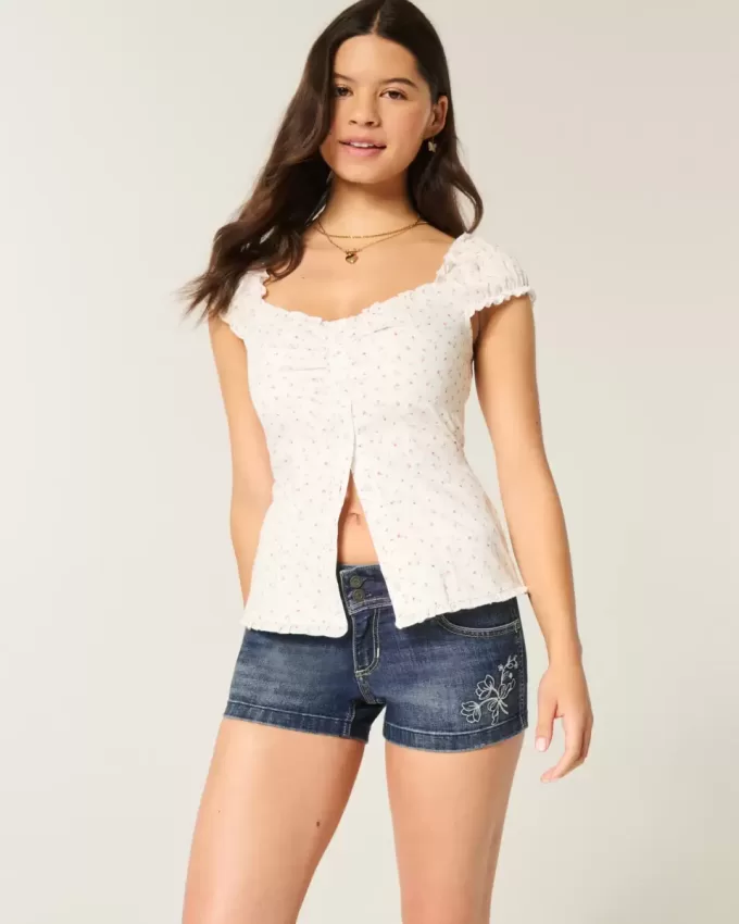 Low-Rise Dark Wash Embroidered Denim Shortie Shorts