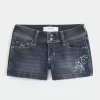 Low-Rise Dark Wash Embroidered Denim Shortie Shorts
