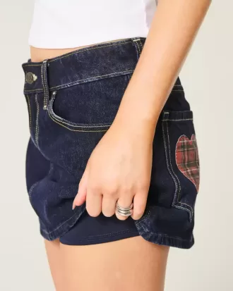 Low-Rise Dark Wash Plaid Pocket Denim Mini Skort