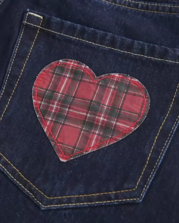 Low-Rise Dark Wash Plaid Pocket Denim Mini Skort