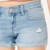 Low-Rise Distressed Light Wash Denim Shorts