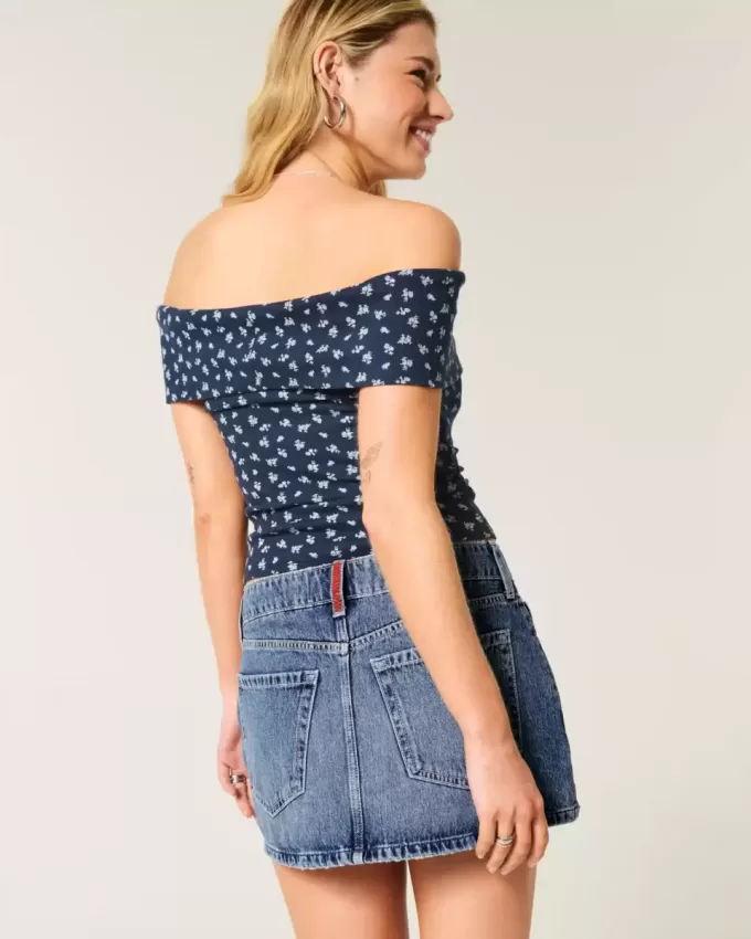 Low-Rise Medium Wash Flag Embroidered Denim Mini Skort