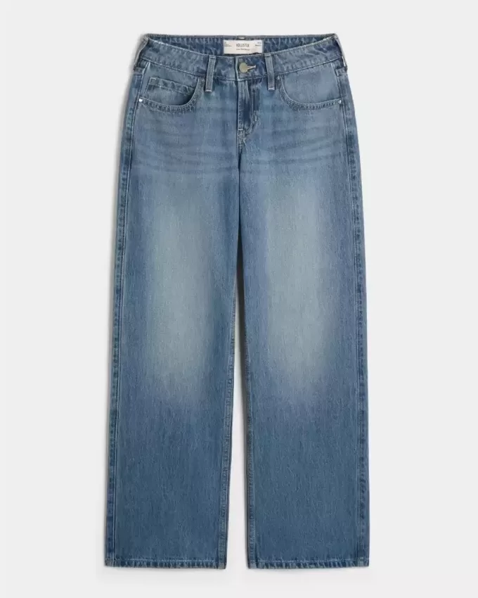 Low-Rise Medium Wash Studded Hearts Baggy Jeans