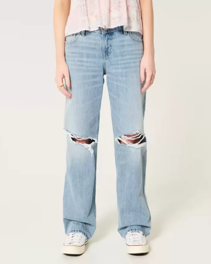 Low-Rise Ripped Light Wash Loose Jeans