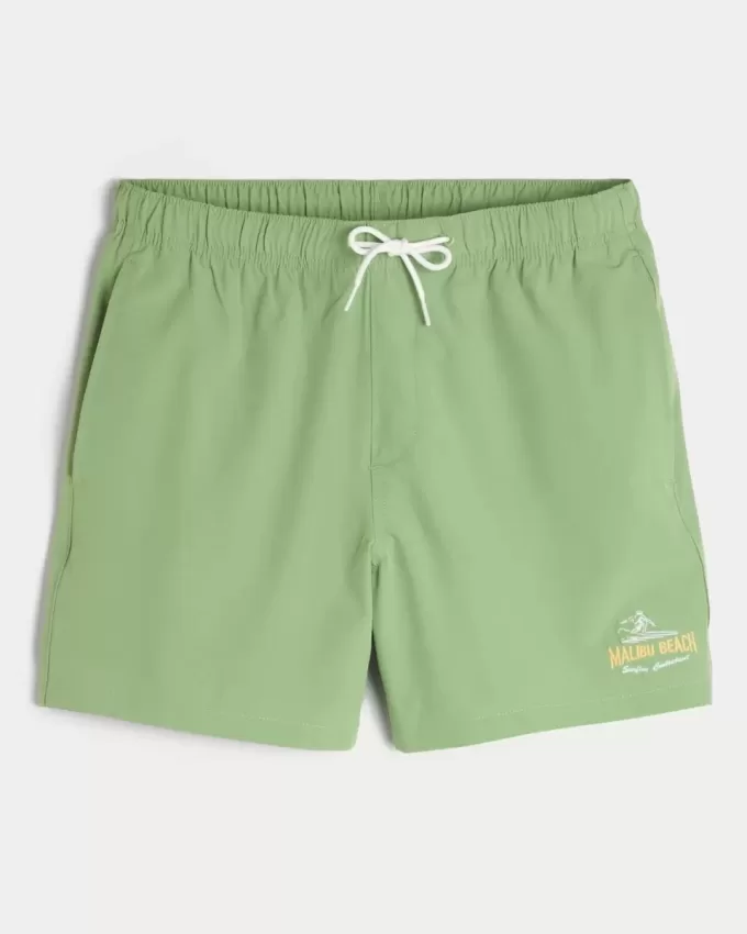 Malibu Beach Graphic Mid-Thigh Volley Swim Trunks