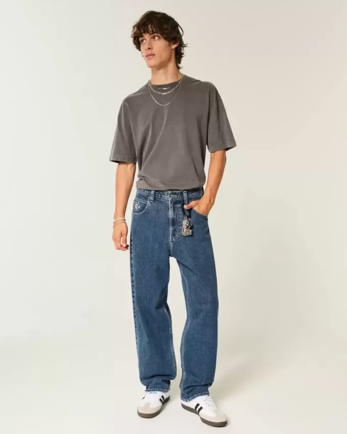 Medium Wash Star Graphic Skater Baggy Jeans