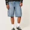 Medium Wash Super Baggy Denim Cargo Shorts