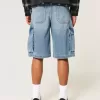 Medium Wash Super Baggy Denim Cargo Shorts