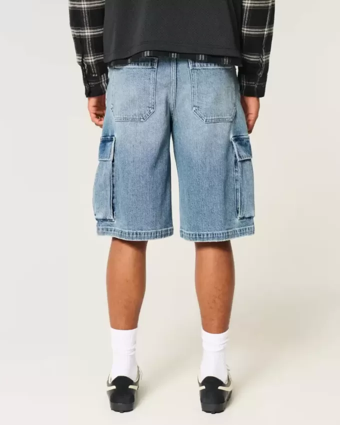 Medium Wash Super Baggy Denim Cargo Shorts